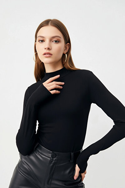 uyguntarz Schwarzer Damen-Body mit Fingerdetails und halbem Rollkragen, 2-teilig