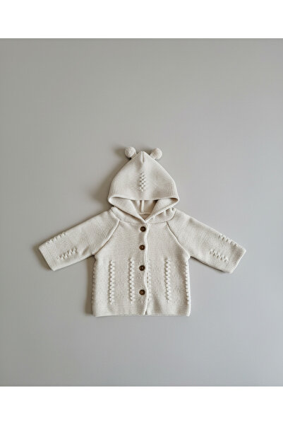 VEYCAN Hooded Patterned Knitwear Baby Cardigan with Pompom Ear Detail