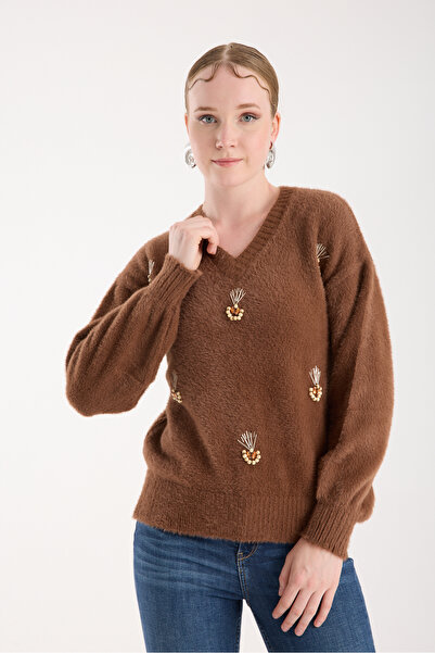 Moda Days سترة نسائية منسوجة بأكمام بالون وياقة على شكل حرف V مع إكسسوار أمام...