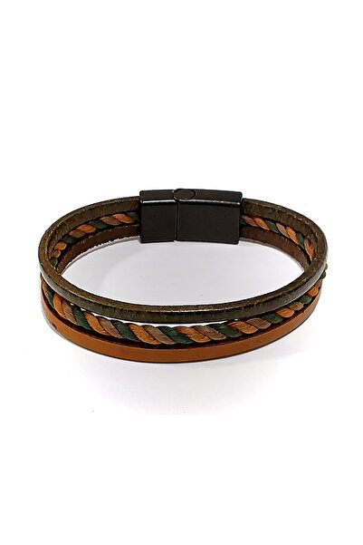 RAVANELLI Men's Leather Look Braided Detailed Magnetic Metal Buckle Bracelet Multi-Colored