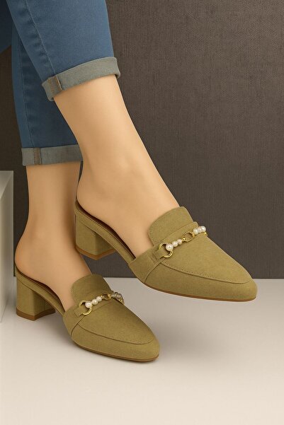 Generic Women’s Block Heel Mules with Pearl Chain – Elegant Slip-On Loafers (Sizes 37–42)