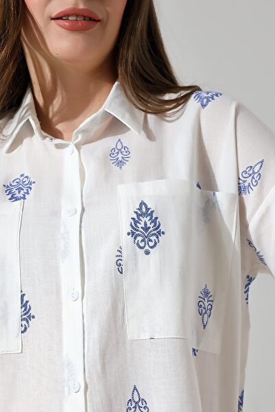 Lir Women's Patterned Flam Half Sleeve Shirt Blue 71429