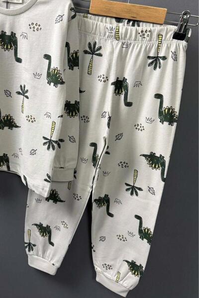 Riccotarz Boy's Cream Pajama Set with Palm Tree and Dinosaur Print