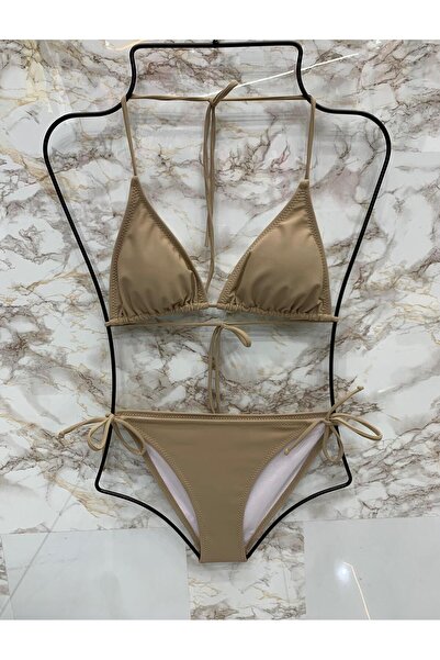 Genel Markalar Kadın Kum Beji Likralı Yandan Boyundan Bağlamalı Şık İpli Üçgen Bikini Takım