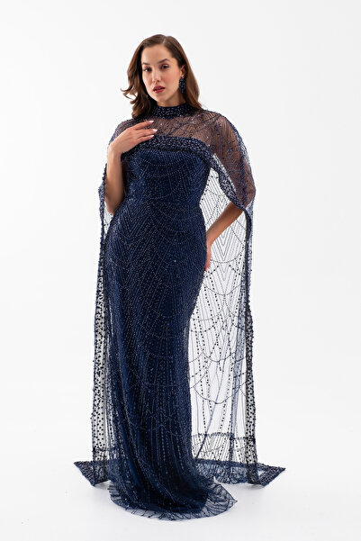 Lafaba Kadın Lacivert Straplez Uzun Şal Detay Boncuklu Söz Nişan Abiye