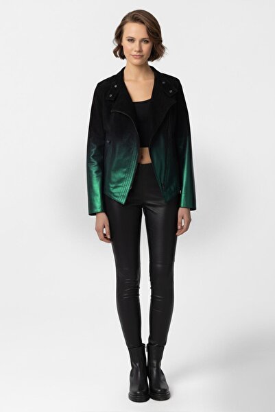 Deriderim Black Green Gradient Cross Zipper Closure Waist-Fitted Wide-Cut Xenia Women's Suede Jacket