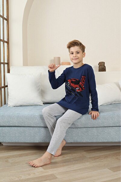 LİLA İÇ GİYİM Erkek Çocuk Baskılı Detayı Uzun Lacivert Pijama Takımı