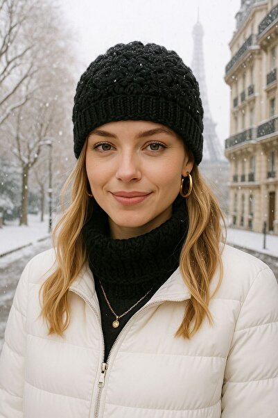 FELLMENS Beretă neagră pentru femei cu detalii din tricot floral