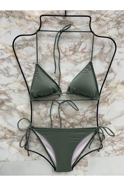 VAJESTO Kadın Haki Likralı Yandan Boyundan Bağlamalı Şık İpli Üçgen Bikini Takım