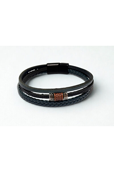 RAVANELLI Men's Three-Layer Metal and Leather Detailed Magnetic Bracelet Black