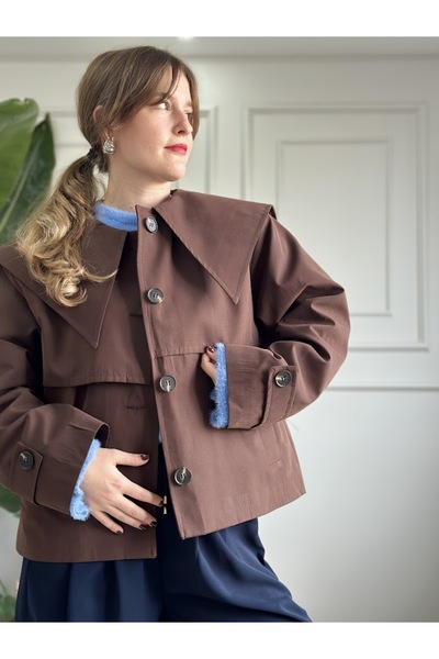 LUUN Acı kahverengi geniş yaka kısa tok kumaş trençkot