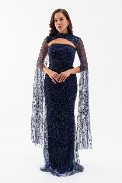 Lafaba Kadın Lacivert Şallı Uzun Kol Dik Yaka Boncuklu Abiye