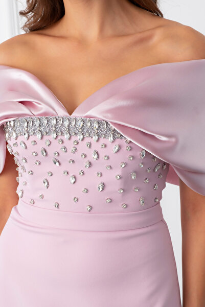 Lafaba Kadın Pudra Kayık Yaka Göğsü Taşlı Uzun Abiye Elbise