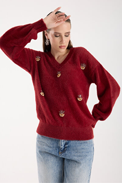 Moda Days سترة نسائية منسوجة بلون بوردو مع أكمام بالون وياقة على شكل V وتفاصي...