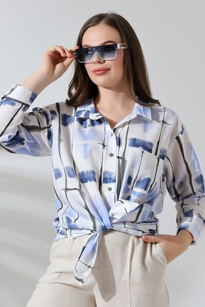 Lir Women's Wide Placket Half Sleeve Shirt Blue