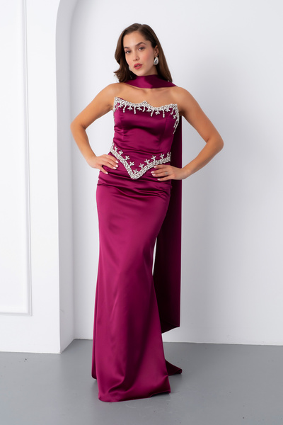 Lafaba Women's Plum Strapless Rhinestone Long Satin Evening Dress