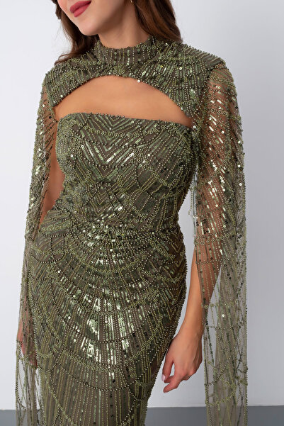 Lafaba Kadın Haki Şallı Uzun Kol Dik Yaka Boncuklu Abiye