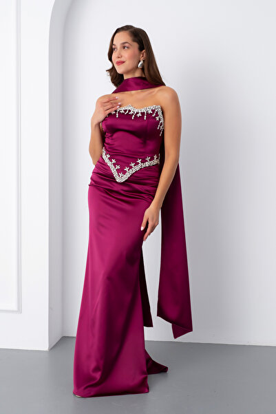 Lafaba Women's Plum Strapless Rhinestone Long Satin Evening Dress