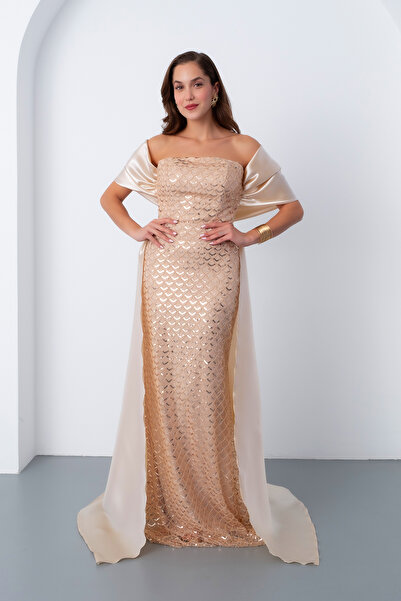 Lafaba Kadın Bej Straplez Boncuklu Saten Kuyruklu Uzun Abiye