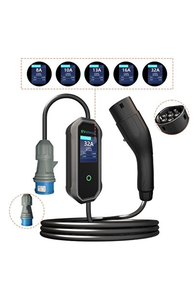 Evcharge Elektrikli Araç Taşınabilir Şarj Istasyonu 7,4 Kw 32a Tip-2 3x32a 5 Mt Tip2(MOBİL UYGULAMA)