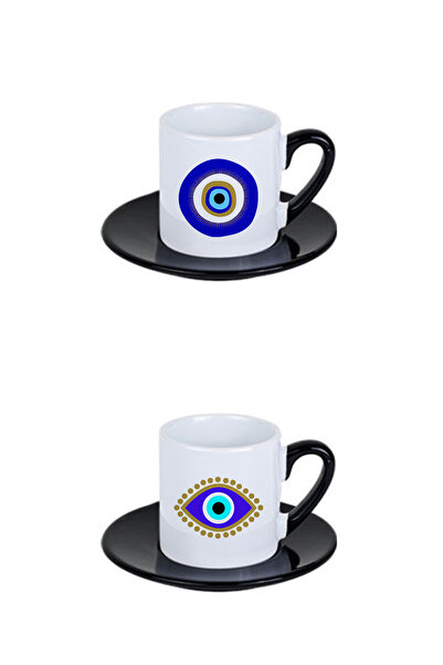 giftkonsept Blue Evil Eye Bead Patterned Printed Black 4-Piece Porcelain Turkish Coffee Cup Set