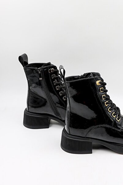 KRISTE BELL KristeBell İthal Özel Seri Rugan Bağcıklı Fermuarlı Bot KB1002 - Siyah Rugan - 36