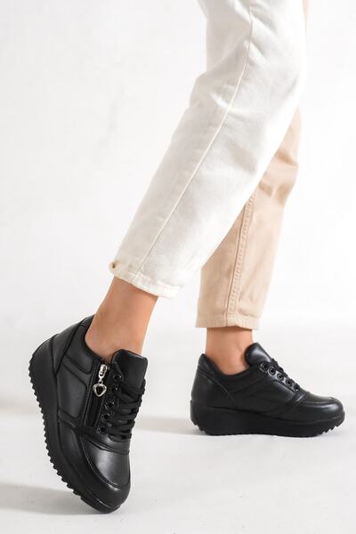 Weynes Pantofi sport de damă din piele neagră, cu fermoar, cu toc de 5 cm WSB...