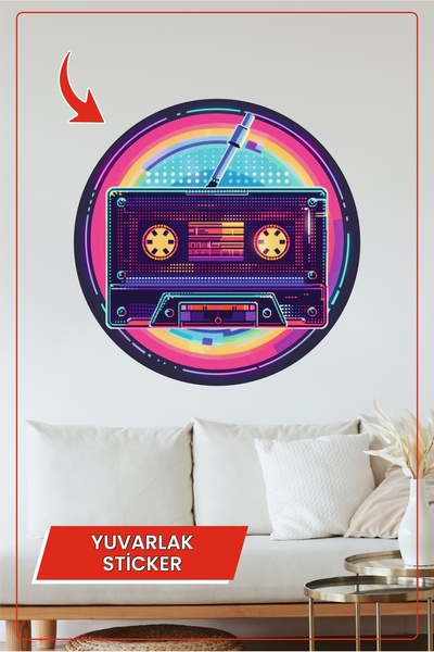 KOSS Dijital Autocolant rotund colorat cu ilustrație retro cu casetă în stil ...