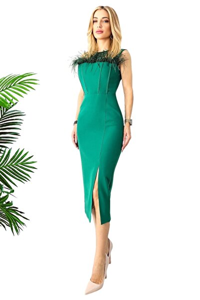 FashionForYou Rochie eleganta HANNA, cu pene naturale si tull, Verde, Marimea