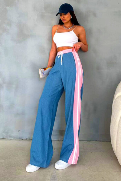 FashionForYou Τζιν φόρμα Morelos με κορδόνι στη μέση και φαρδιά εφαρμογή, ΜπλεΡοζ, XXS