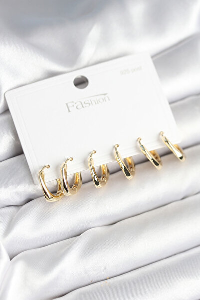 Nehir Gold Renk Pirinç Kare Halka Model 925 Ayar Gümüş Çivili Kadın Küpe Seti Sevgililer Anneler Öğretmenl