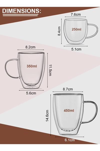 Eworld 2-Pack Double Wall Glass Cups with Handle – Insulated Coffee & Tea Mugs, 250ml, 350ml & 450ml