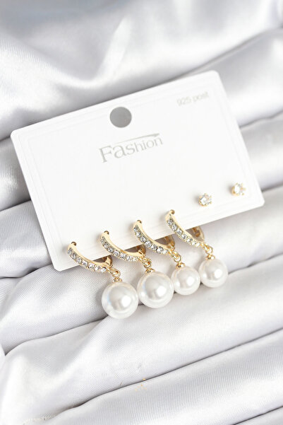 Nehir Gold Renk Zirkon Taşlı Pirinç İncili 925 Ayar Gümüş Çivili Küpe Seti Sevgililer Anneler Öğretmenler