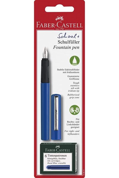 Faber Castell Faber-Castell Fountain Pen Blue Design Medium Nib + 6 Ink Cartridges, School+, F149811