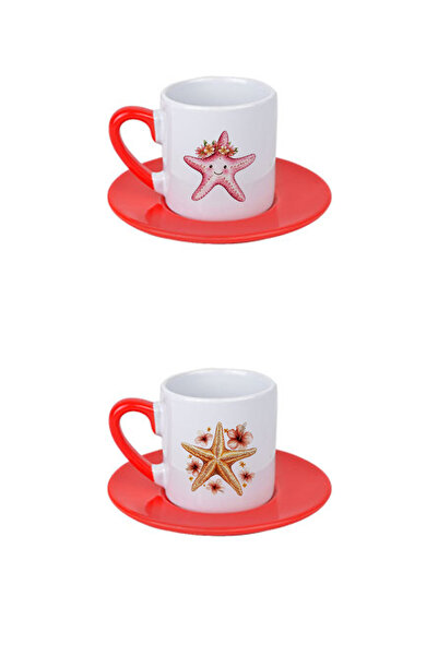 giftkonsept Colorful Starfish Printed 4-Piece Red Handle Porcelain Turkish Coffee Cup Set
