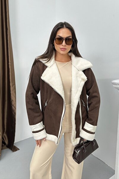 spirituel Women's Suede Coat Oversized Fur Lined Zippered Pocket Sleeve Detail Jacket Collar Winter Coat