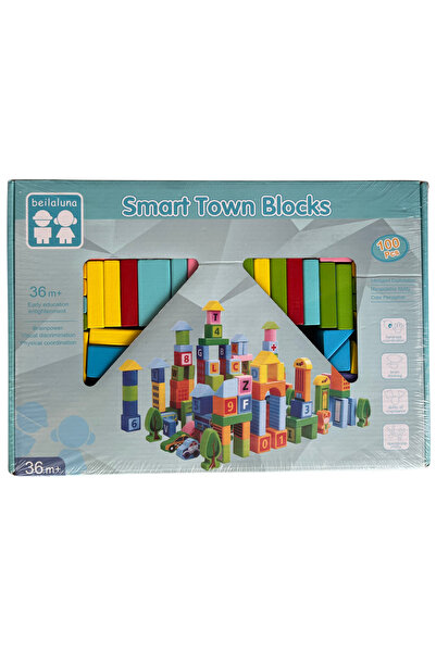 Beilaluna Многоцветни дървени строителни блокчета, 100 броя, Smart Town Blocks,