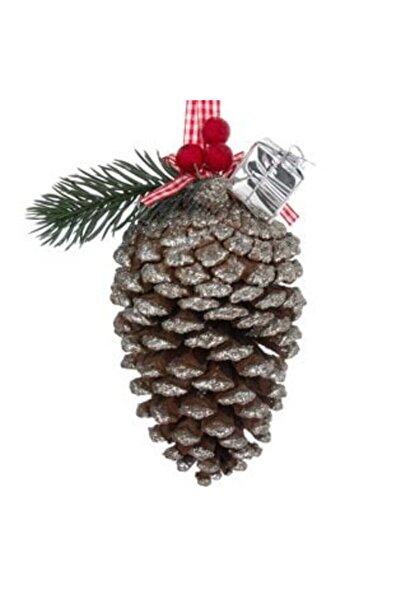 OEMN Ornament de Crăciun pentru brad, con argintiu, cu sclipici, panglică în carouri, cadou și crenguță de fructe de pădure, 12 cm