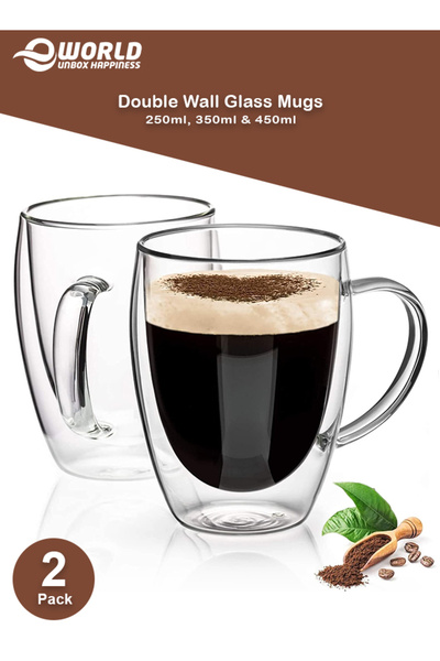 Eworld 2-Pack Double Wall Glass Cups with Handle – Insulated Coffee & Tea Mugs, 250ml, 350ml & 450ml