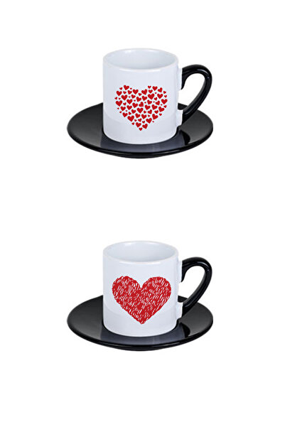 giftkonsept Heart Shapes Printed 4-Piece Black Handle Porcelain Turkish Coffee Cup Set