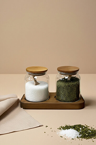 KHAKMA Transparent Glass Salt and Pepper Jar Set with Wooden Lid – Set of 2 with Wooden Stand / 250 ml