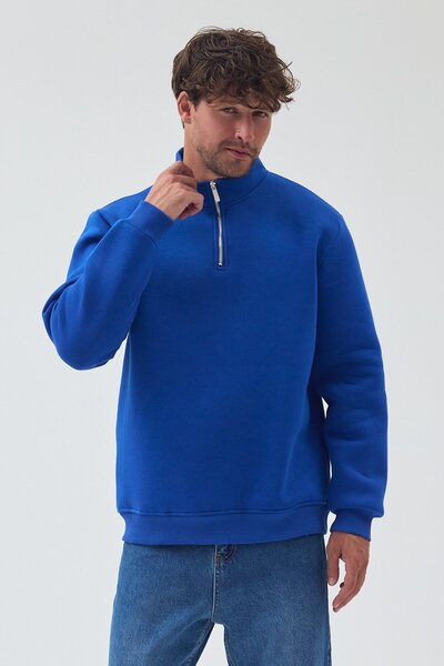 SEDİRLİ Unisex Oversize Pamuklu Içi Polarlı Yarım Fermuarlı Dik Yaka Sweatshirt
