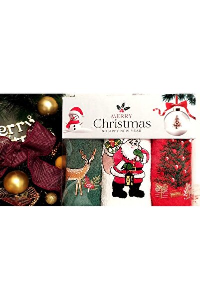 OEM Set 3 prosoape într-o cutie, 100% bumbac, dimensiune 30x50cm, model Crăciun 02