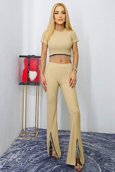 FashionForYou Elegant Beatris set, crop top, flared pants with cut-out stripes and fringe appliqués, cream