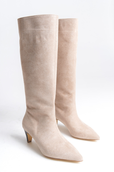 LDR Жіночі бежеві замшеві чобітки на підборах із загостреним носком