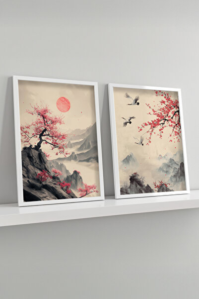 STARYUNA Beyaz Çerçeveli Sakura Ağaçlı Japon Stili Modern İkili Tablo Seti Yu...