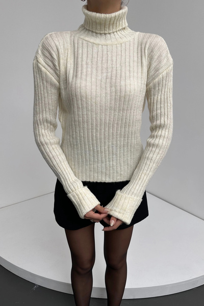 MODA Stripe Patterned Textured Turtleneck Knitwear Sweater