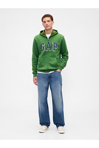 GAP Erkek Yeşil Logo Relaxed Fleece Fermuarlı Sweatshirt