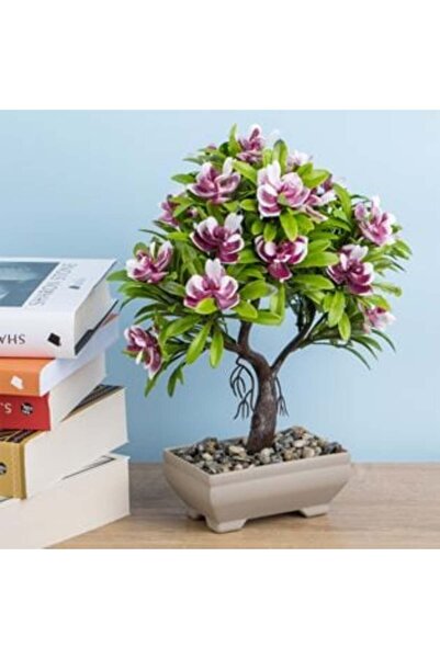 OEMN Ghiveci decorativ cu plantă bonsai artificială cu flori roz 10 x 7 x 27 cm