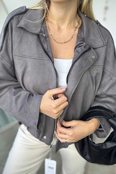 Kubos Moda Gray Bomber Jacket with Batwing Sleeves and Front Draped Epaulettes